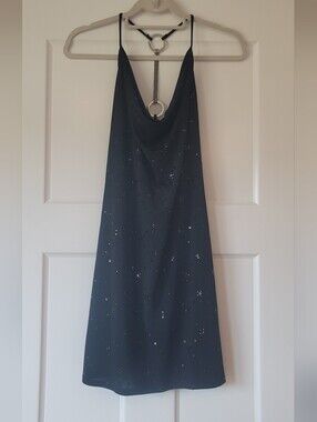 Y2K Backless Black Sequin Slip Dress with Chain Detail